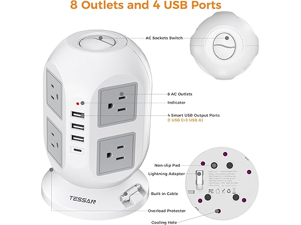 TESSAN 10ft Cord Power Tower (8 Outlets, 2 USB-C, 3 USB-A)