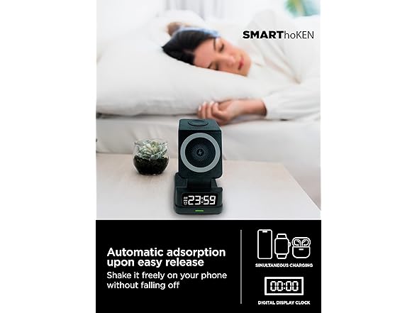 SMARThoKEN 4-in-1 Wireless Magnetic Charging Station w/Clock