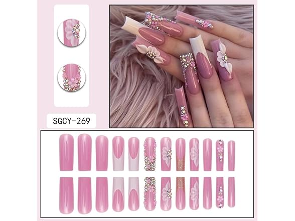 geyakal Long Press on Nails Square Pink Fake 