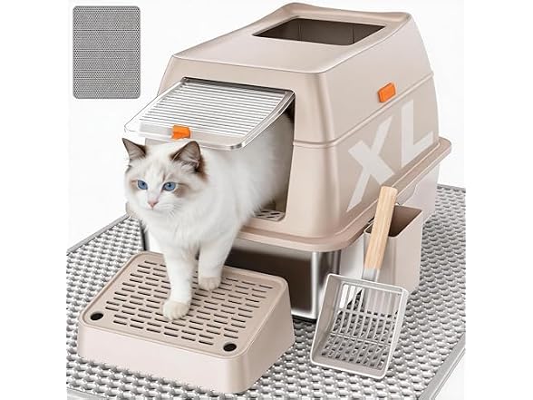 CatbruLop Stainless Steel Litter Box with Lid, Cream