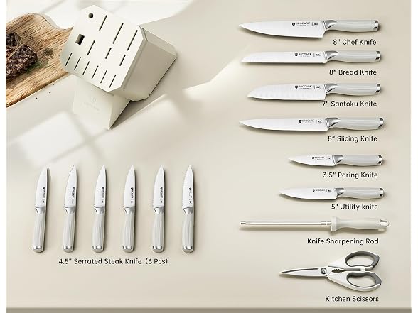 BRODARK 15PCS White Kitchen Knife Set