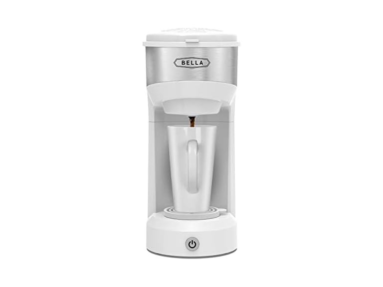 BELLA Dual Brew Single Serve Coffee Maker, K-cup Compatible with Ground Coffee Basket & Adapter - Carefree Auto Shut Off & Adjustable Tray, 14oz, White