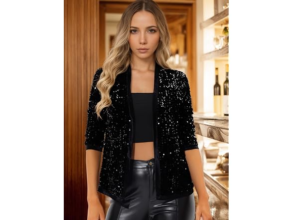 Allegra K Women (L) Sequin Jacket Cardigan Blazer