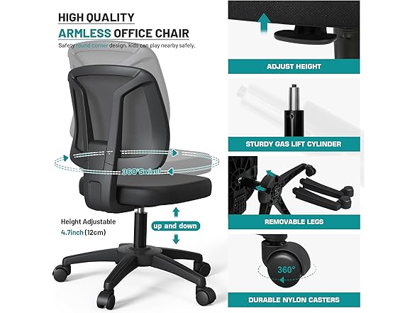 KIZECK Armless Swivel Ergonomic Chair