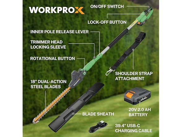 WORKPROX 20V Cordless Pole Hedge Trimmer
