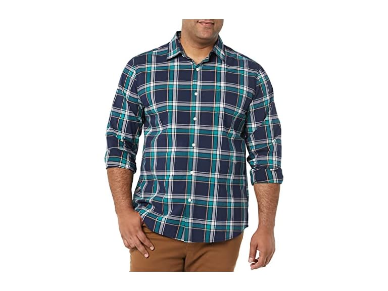 Amazon Essentials Men's Long-Sleeve Regular-Fit Stretch Poplin Shirt, Dark Green Navy Medium Plaid, Large