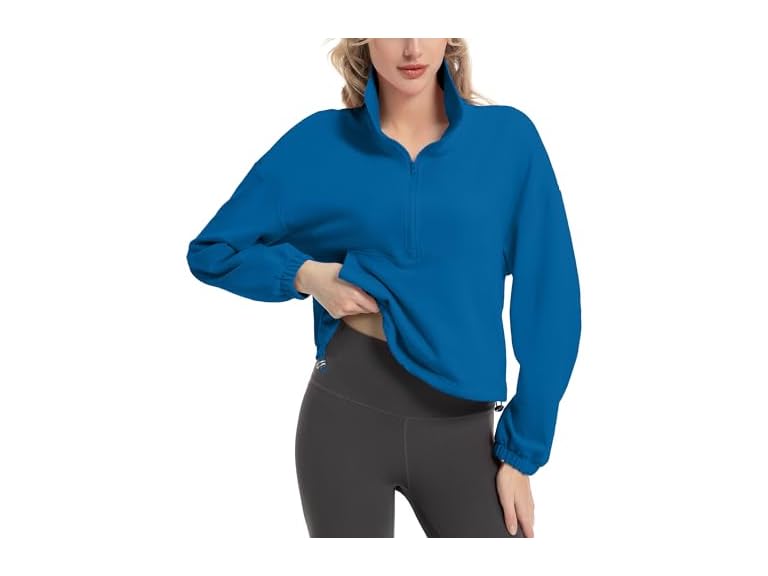 FKEEP Quarter Zip Pullover Women Cropped Sweatshirt Long Sleeve Crop Top Stand Collar Drawstring Casual Pullover zBlue a M