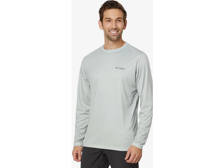 Columbia Men's Terminal Tackle PFG Fish Flag Long Sleeve, Cool Grey/Black Bass Lures, X-Small