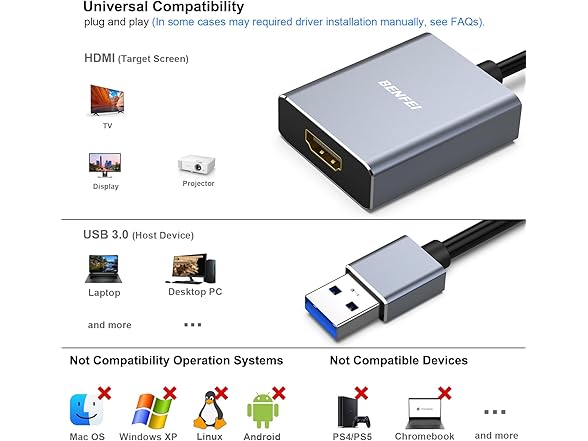 BENFEI USB 3.0 to HDMI Male to Female Adapter for PC (NOT FOR MAC)