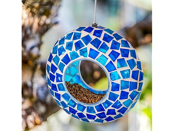 Sunnydaze 6-Inch Glass Mosaic Hanging Bird Feeder, Blue Mosaic