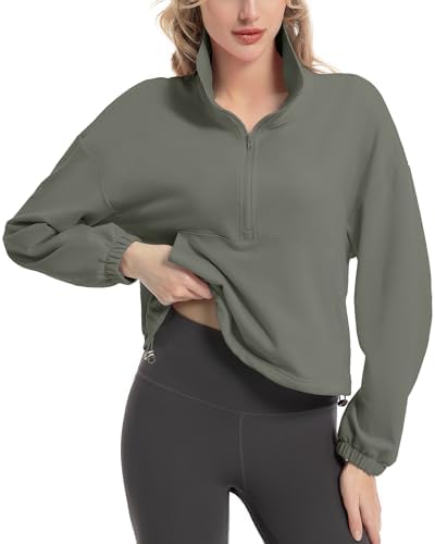 FKEEP Quarter Zip Pullover Women Cropped Sweatshirt Long Sleeve Crop Top Stand Collar Drawstring Casual Pullover zGrey L