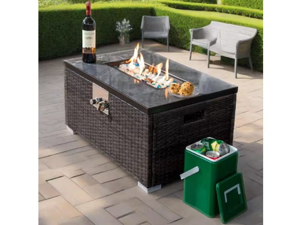 Ada 32" Brown Wicker Fire Table + Lid & Cover