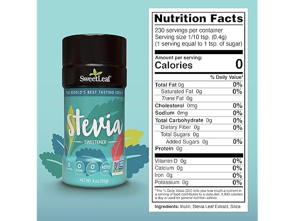 SweetLeaf Stevia Powder Shaker Jar - Zero Calorie 4 oz