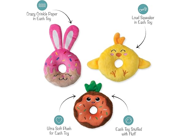 Fringe Studio Plush Dog Toy, 3 Pieces Set, Donuts
