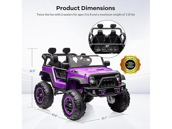 Hipicute 24V 2 Seater Kids Ride On Car, Purple