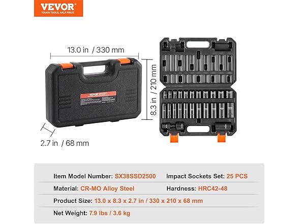 VEVOR 3/8" Drive Impact 25 Piece Deep & Shallow Socket Set SAE