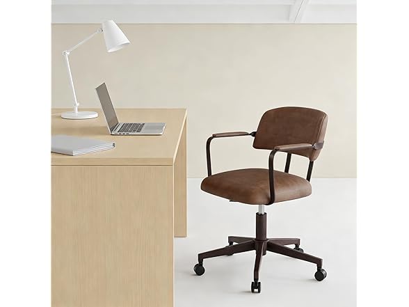 BERYTH Home Office Desk Chair, Mid-Century Modern Desk Chair with Padded Arms, Adjustable Seat Height, Mid Back 360° Small Computer Chair with Mobile Mute Wheel, PU Leather (Brown) (Open Box)
