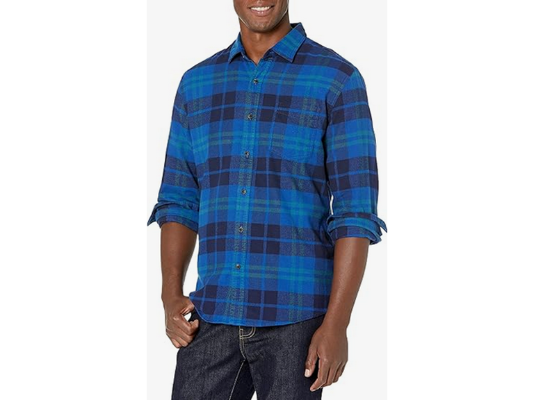 Amazon Essentials Men's Long-Sleeve Flannel Shirt (Available in Big & Tall), Black Blue Plaid, Large