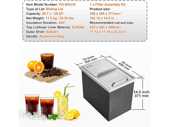 Drop in Ice Chest, 18"L x 12"W x 14.5"H