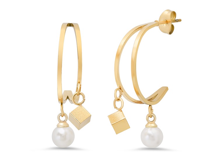 18K Gold Pearl Hoop Drop Earrings