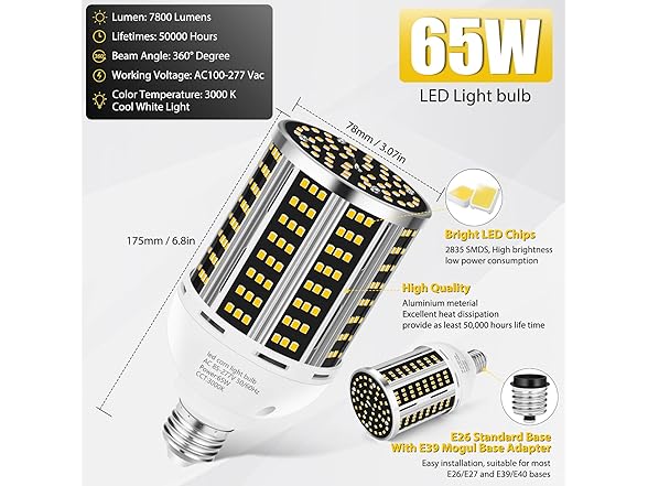 YANYCN 65W LED Corn Light Bulb 2 pack(650W Equ
