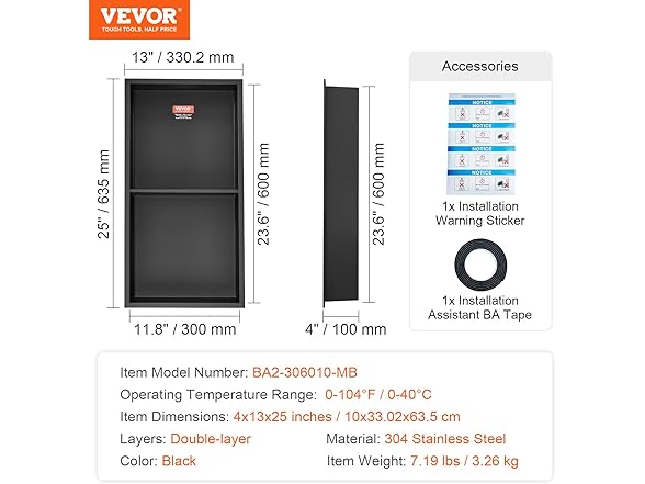 VEVOR 13"x25" No Tile Shower Niche 304 Stainless Steel