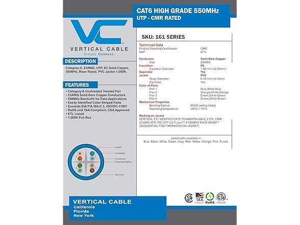 Vertical Cable Cat6, 550 MHz, UTP, 23AW