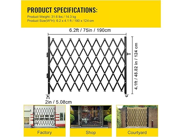 VEVOR Single Folding Security Gate, 74"W x 51.57"H