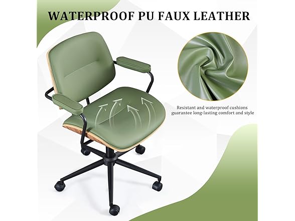 BV Mid Century Modern Office Chair Set of 1, Swivel Rolling Deak Chair with Armrests and Walnut Back, Adjustable Desk Chair for Home Office, Green (Open Box)