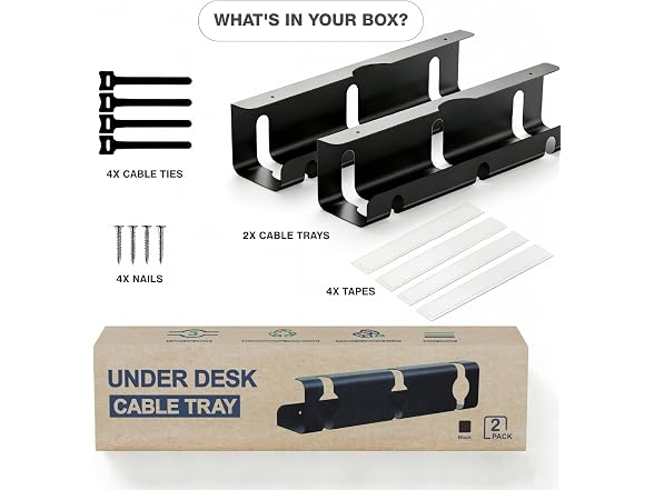 Under Desk Cable Management Tray, 2 Pk