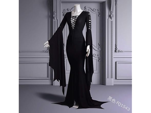 Pajadar Morticia Addams Floor Dress Costume Witch - Gallery 3
