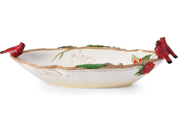 Fitz and Floyd Poinsettia Holiday Cardinal Centerpiece Serve Bowl