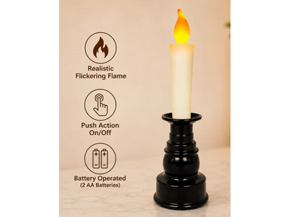 2Pk Battery-Operated Push LED Fake-Flame Taper Candle w Base