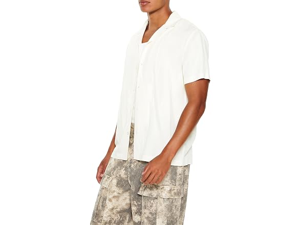 Forever 21 Men (M) Rayon Cuban-Collar Shirt White