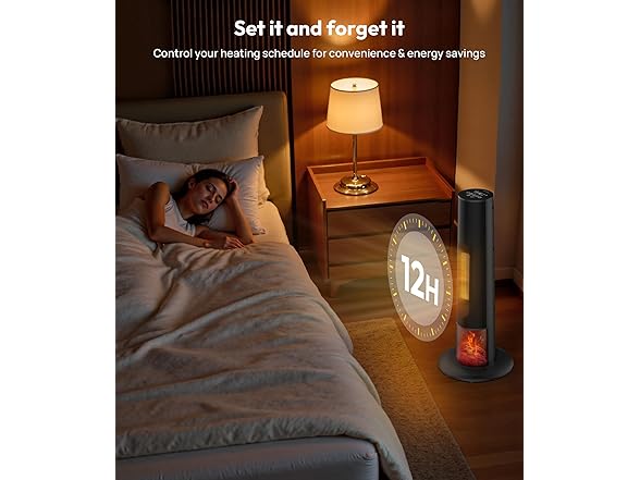 Rellytech Tower space heater with fireplace - Electric Space Heater Large Room with 3D Flame, Portable Tower Space Heaters for Office, Bedroom, 2 Modes, Thermostat, Tip-over Protection, Oscillation (Open Box)