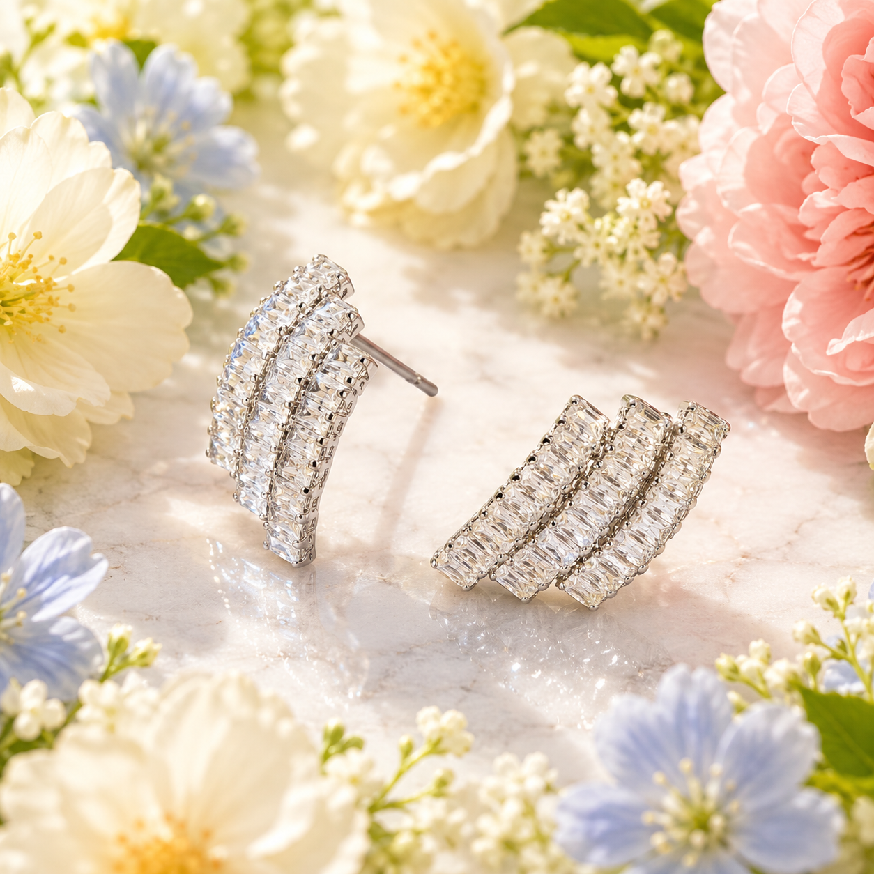 Silver Textured CZ Stud Earrings - Gallery 6