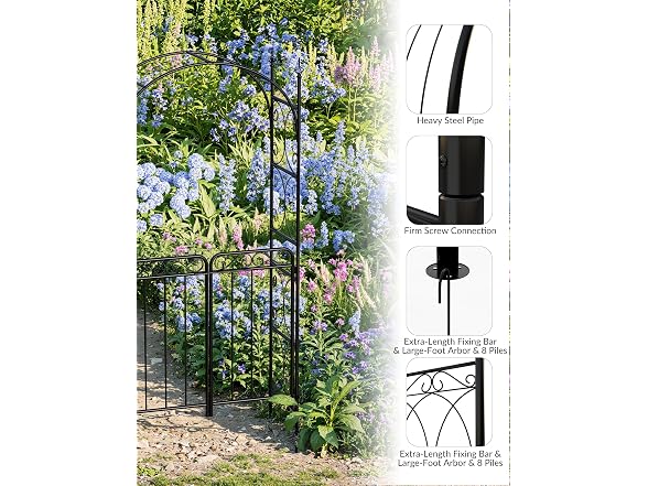 8ft Metal Garden Arch with Gate Black