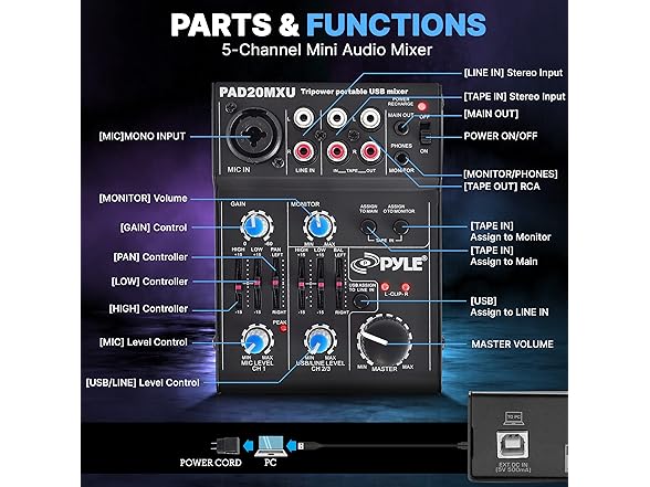 Pyle 5-Channel Rechargeable Mini Portable Audio Mixer