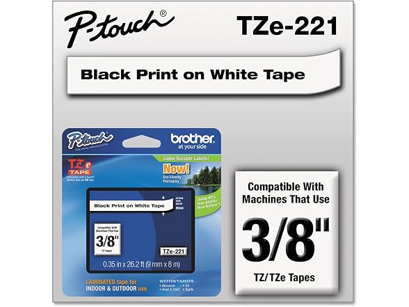 Brother(R) TZe-221 Black-On-White Tape, 0.38in. x 26.2ft., BRTTZ221