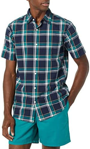 Amazon Essentials Men's Slim-Fit Short-Sleeve Poplin Shirt, Navy Green Plaid, Medium