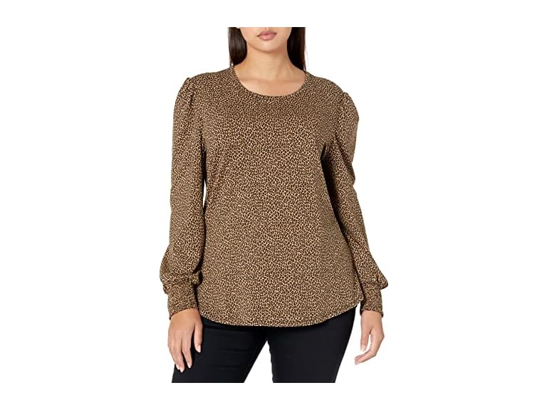 Amazon Essentials Women's Long-Sleeve Crewneck Smocked Cuff T-Shirt, Camel Cheetah, Medium