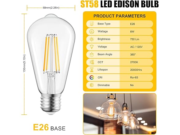 Brightown 6 Pack LED Edison Light Bulbs