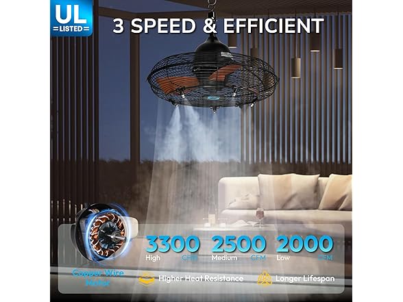 20" Outdoor Ceiling Fan with Misting