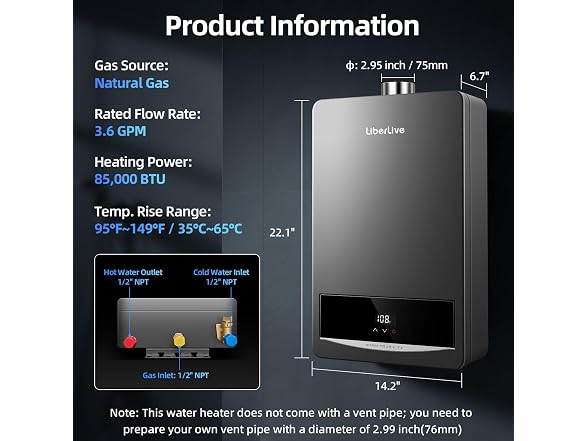 Nature Gas Tankless Water Heater, Indoor Max 3.6 GPM, 80,000 BTU On Demand Instant Hot Water Heater Nature Gas with LED Temperature Control Panel, 1/2\" NPT Connector Size, Gray 3.6 N1 (Open Box)