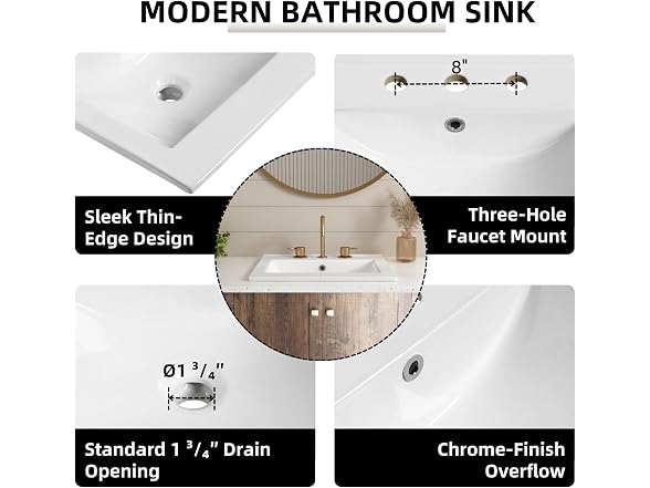 20"W x 18"D Drop In Bathroom Sink with Single Faucet Hole