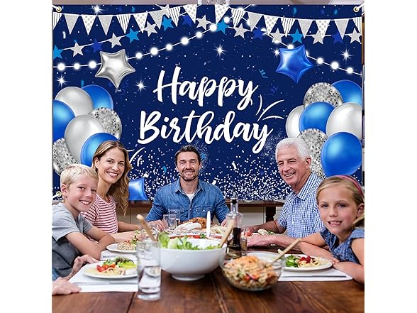 Navy Blue & Silver Happy Birthday Backdrop