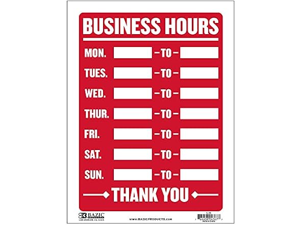 BAZIC Products Business Hours Sign, 12