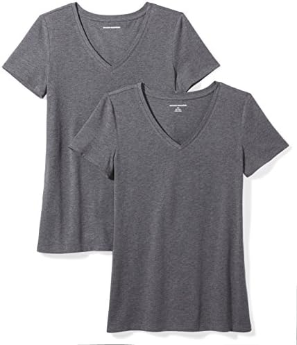 Amazon Essentials Women's Regular-Fit Short-Sleeve V-Neck T-Shirt, Pack of 2, Charcoal Heather, X-Small