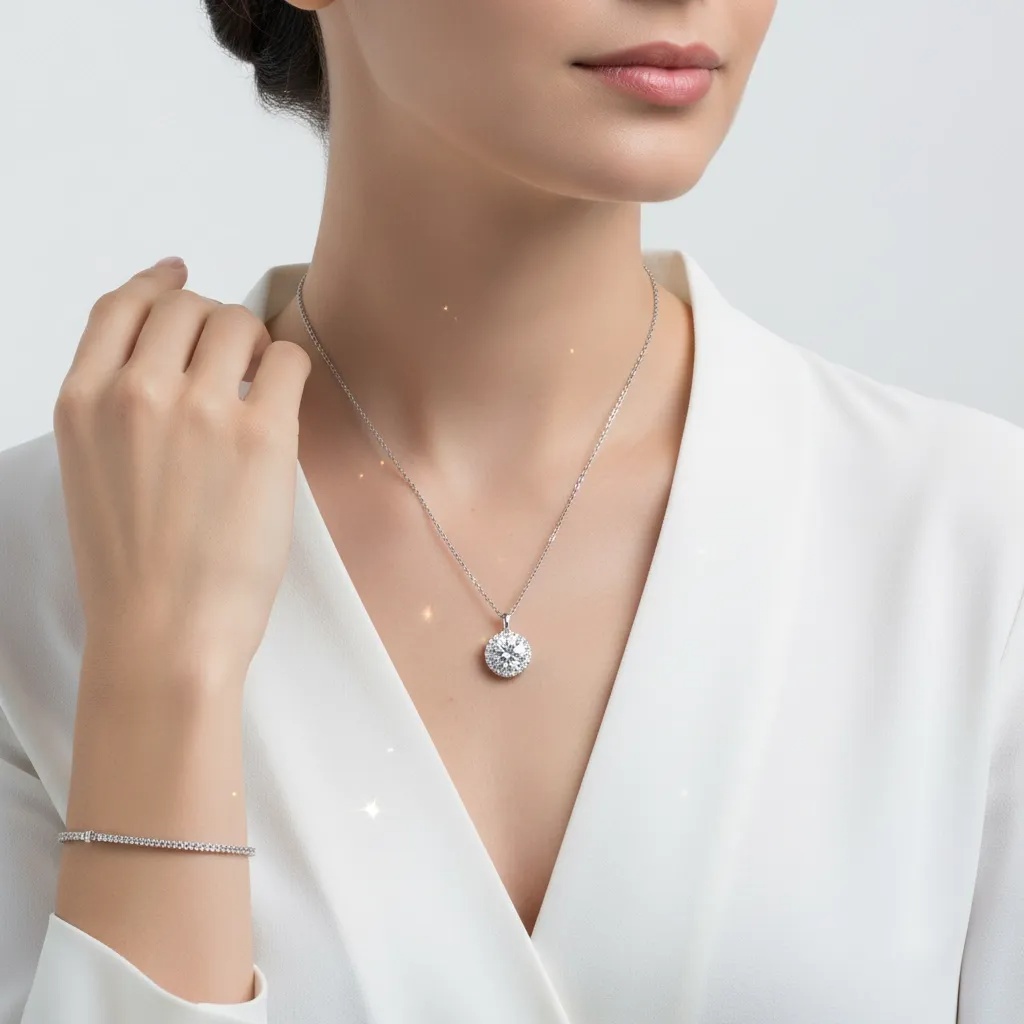 Moissanite Diamond Round Halo Necklace - Gallery 9