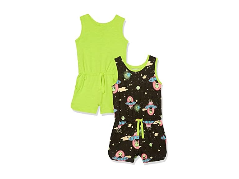 Amazon Essentials Girls' Knit Sleeveless Rompers (Previously Spotted Zebra), Pack of 2, Black Aliens/Neon Lime Green, Medium